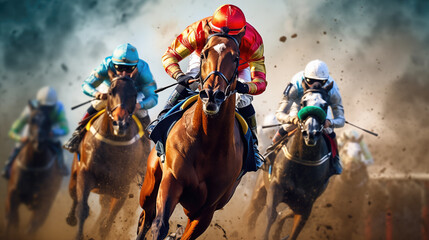 Horse racing front view, Jockeys and horses fight to take the lead in the last curve, horse racing poster, gambling, betting concept - obrazy, fototapety, plakaty