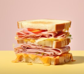 A stack of a ham and cheese sandwich is neatly placed on top of each other on a white plate.