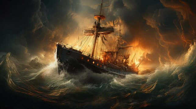 Tempestuous Seas: Ships Confronting Big Waves and Lightning