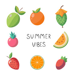 Set of summer fruits and berries. Summer vibes. Vector illustration in flat style.