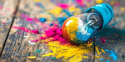 Fototapeta premium Lightbulb and colorful paint splashes on a white background.