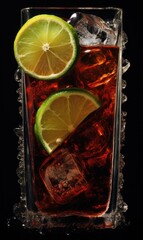 A crisp glass of soda filled with icy cubes and adorned with slices of fresh lime, creating a vibrant and invigorating beverage.