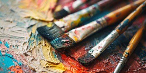 Paint brushes and palette of colors on a wooden table closeup