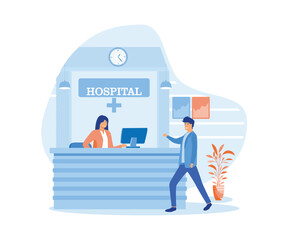 Hospital reception.  Man walking to a hospital reception where he is greeted by a smiling young woman.  flat vector modern illustration 