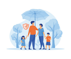  Family standing under insurance umbrella together. Shield protection for parents and children. flat vector modern illustration 