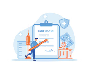 Fototapeta na wymiar Man fills out health insurance. Health insurance concept with tiny people. flat vector modern illustration 