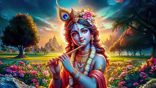 Indian God Krishna joyfully playing the flute against a backdrop of natural landscapes.