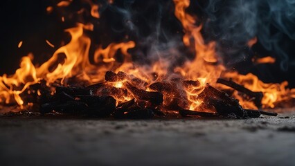 fire in the fireplace A fiery background with black smoke and sparks 