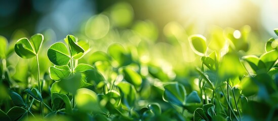 Close-up of young pea leaves with selective focus, against a bright sky and shallow depth.