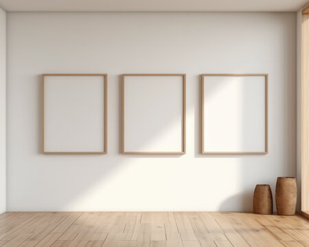 An unoccupied room with three picture frames hanging on the wall.