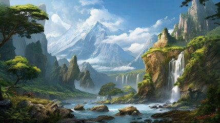 Naklejka na ściany i meble Beautiful natural landscape illustration, with lush vegetation and elegant waterfalls.
