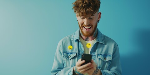 young man laughing while using smartphone isolated background