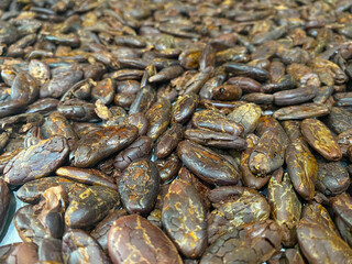 close up of a pile of dried cocoa beans