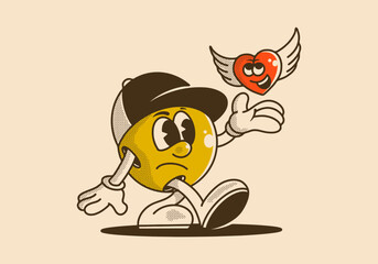 Character illustration of a ball head and flying heart