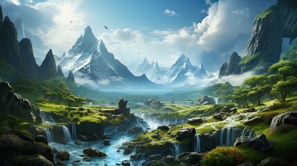 Fototapeta premium Beautiful natural landscape illustration, with lush vegetation and elegant waterfalls.