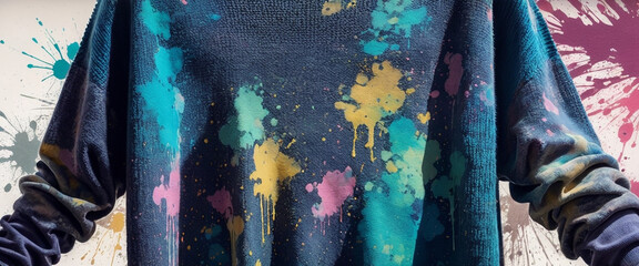 The navy blue sweater was stained with various colors of paint. Traces of paint splattered.