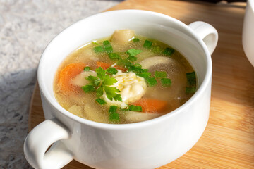 Soup in soup bowl. Portion of fresh soup in serving tureen