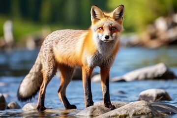 A red fox stands on a rock in the middle of a river.