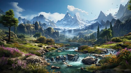 Fototapeta na wymiar Beautiful natural landscape illustration, with lush vegetation and elegant waterfalls.