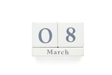 Cube calendar with date 8 MARCH on white background. International Women's Day