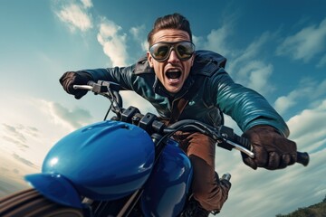 A man confidently rides on the back of a blue motorcycle, navigating through traffic.