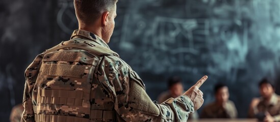 Confident military coach pointing at tactics plan while addressing students. - obrazy, fototapety, plakaty