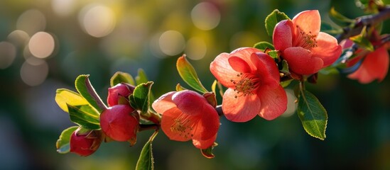 Pomegranate blossoms on twig.
