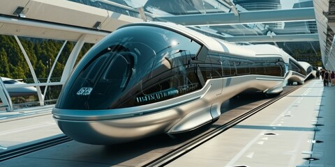 modern high speed train in futuristic modern city.