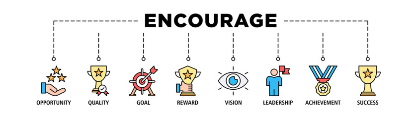 Encourage banner web icon set vector illustration concept with icon of opportunity, quality, goal, reward, vision, leadership, achievement, success