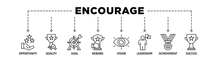 Encourage banner web icon set vector illustration concept with icon of opportunity, quality, goal, reward, vision, leadership, achievement, success
