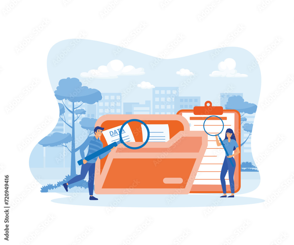 Poster workers searching file. employee uses magnifying glass. files search. flat vector modern illustratio
