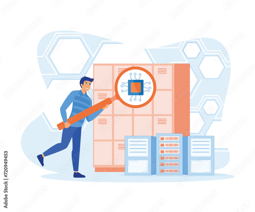 Poster man analyzing big data platform. flat vector modern illustration