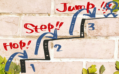 洋風レンガ背景の落書き風アイキャッチ　HOP STEP JUMP!