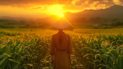 Fototapeta premium Rural entrepreneur in a cornfield at golden hour, symbolizing organic farming and nutritious food, with a clear sky for advertising copy space.