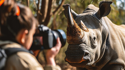Fototapeta na wymiar photographer taking picture of a white rhinoceros