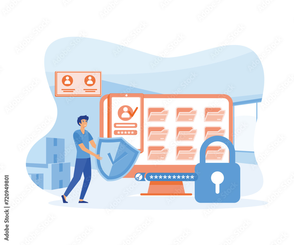Poster flat personal cyber data security user with shield log in protection web access control concept. fla