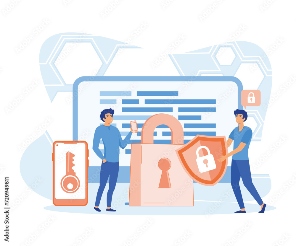 Poster flat data security system concept with people characters, minimal outline design style for landing p
