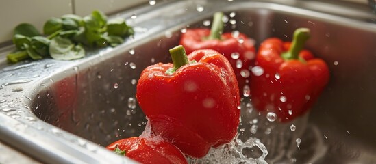 cleaning red bell pepper in camper van sink