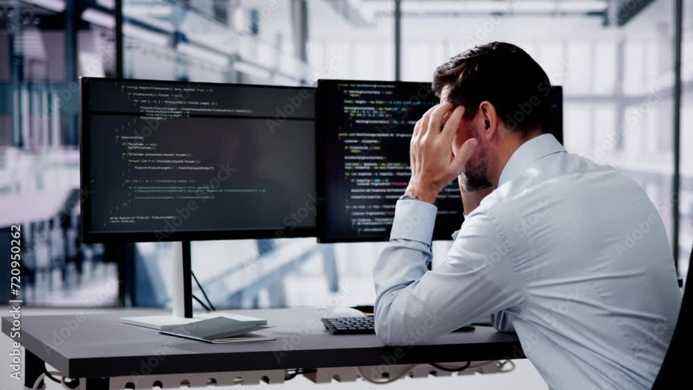 Aufkleber Unhappy Sad Developer Programmer Man In Stress Coding Software