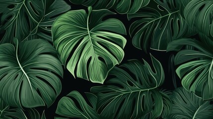 Tropical leaves monstera seamless pattern on dark background. illustration Generative AI