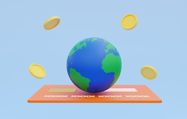 Credit card. World with coins floating in the air. Send money around the world Online transactions, banking, commercial design concepts, 3D renderings