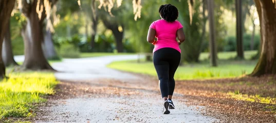 Foto op Plexiglas Exuberant overweight woman enjoying the bliss of outdoor activities while jogging in the park © Ilja