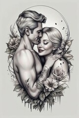 Fototapeta premium Tattoo and tattoo design drawings A simple picture of a rose with a couple, along with an example of the tattoo on the skin, a tattoo memory idea.