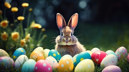 Fototapeta na wymiar Happy bunny with many easter eggs on grass festive background for decorative design 