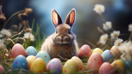 Fototapeta na wymiar Happy bunny with many easter eggs on grass festive background for decorative design