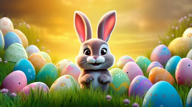 Happy bunny with many easter eggs on grass festive background for decorative design