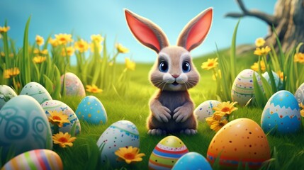 Happy bunny with many easter eggs on grass festive background for decorative design
