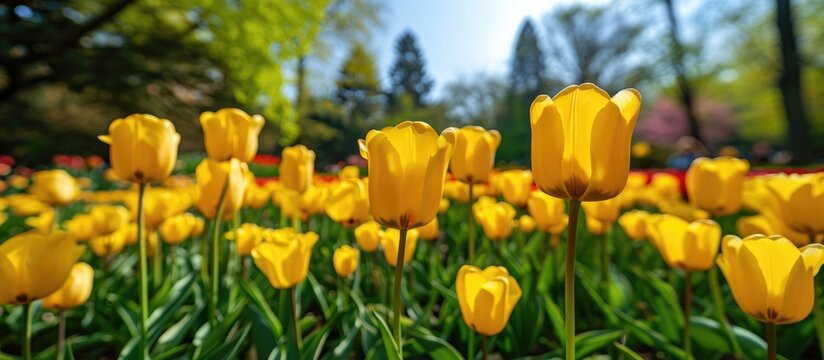 Vivid yellow tulips bloom in a picturesque garden, reminiscent of a storybook.