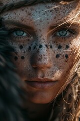 close-up portrait of a beautiful female viking warrior woman with tribal face paint