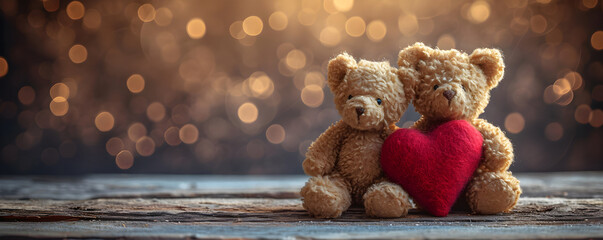 Two teddy bears with a red heart shaped balloon on blurred background with golden lights. Cute bear couple toy hugging and holding heart. Valentine's day. Love and romantic concept - obrazy, fototapety, plakaty